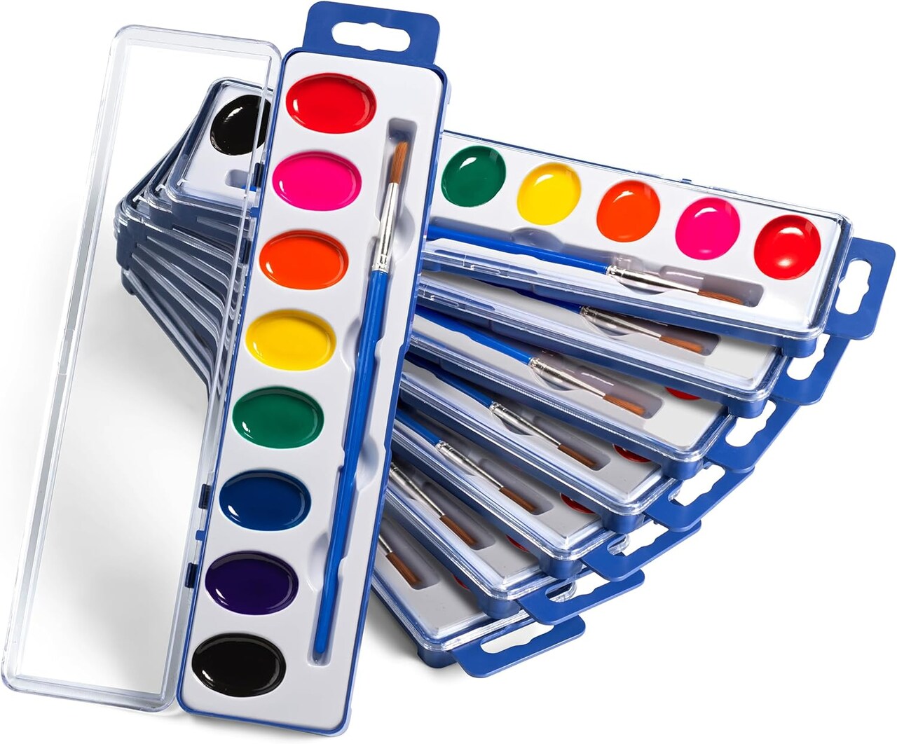 Watercolor Paint Set- Bulk Of 24 Sets - 8 Water Color Washable Paints, Palette Tray and Painting Brush, for Art Schools and Paint Party Supplies